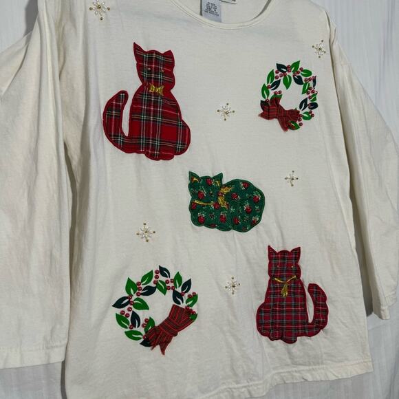 Victoria Jones Christmas Long-Sleeve Shirt Women’s Size Medium Vintage Cats Cat - Picture 7 of 7